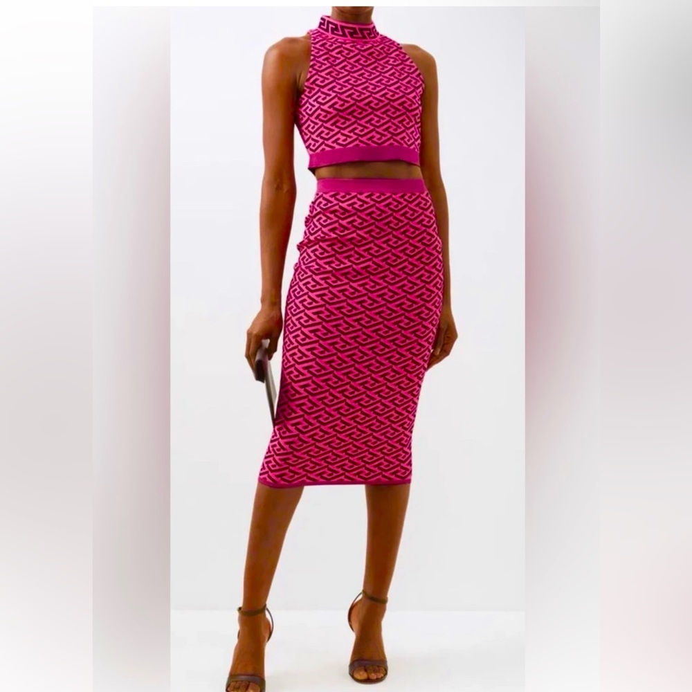 Versace Pink & Black 'La Greca' Top And Skirt Suit. Made In Italy
